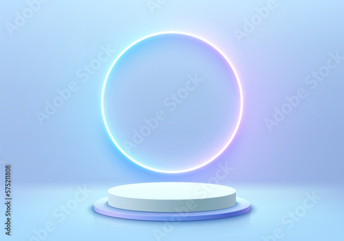 futuristic blue 3D background with cylinder pedestal podium  Neon light circle ring on the wall. Pastel minimal wall scene mockup product display. Abstract vector geometric platforms. Stage showcase.