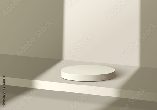 3D background with realistic Cream beige cylinder products podium in empty room, Window shadow overlay. minimal wall scene mockup product display. Abstract geometric platforms. Round stage showcase.