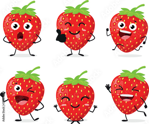 Set of  Cute Strawberry Cartoon Character