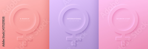 Set of women female symbol 3D background with pink, coral red and purple color. Women's international day design elements. Vector pastel minimal neumorphism design. Use for cover, social template.
