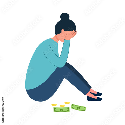 Sad woman with money broke concept vector illustration on white background. Financial problem.
