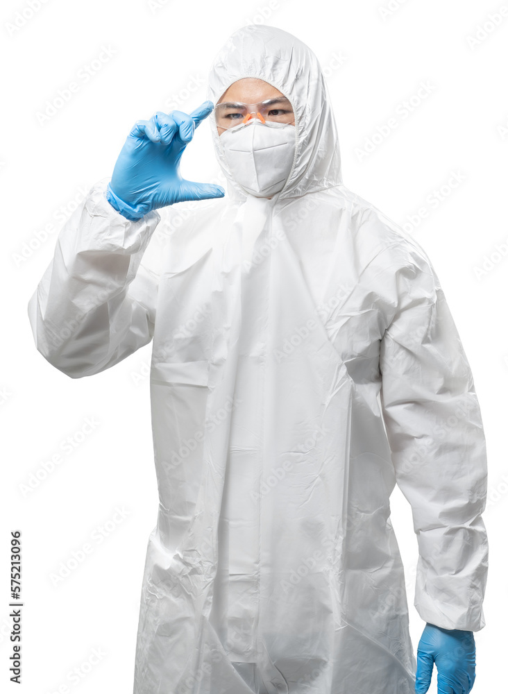 Worker wears medical protective suit or white coverall suit hand extend isolated on white Worker wears medical protective suit or white coverall suit hand extend isolated on white
