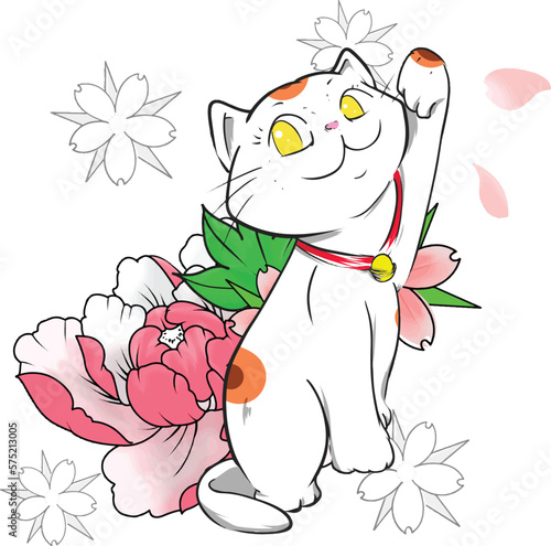 lucky cat illustration hand drawn japanese flower background
