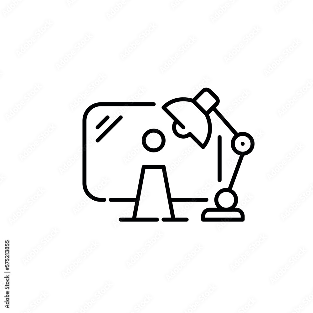 Desktop monitor and desk lamp. Pixel perfect, editable stroke icon Desktop monitor and desk lamp. Pixel perfect, editable stroke icon