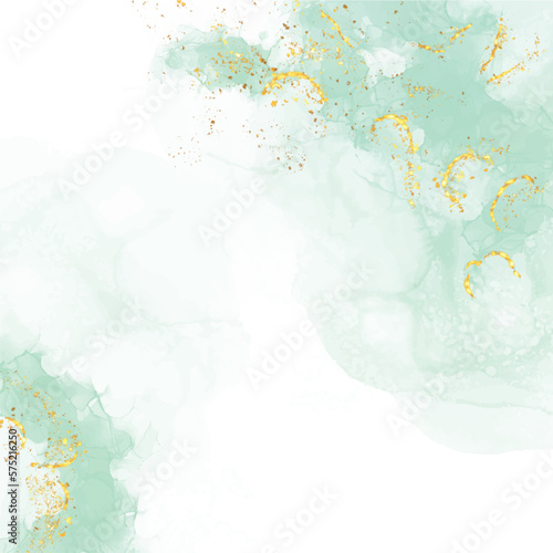 Pastel mint liquid alcohol ink background with gold lines. Turquoise marbled alcohol ink drawing effect. Vector illustration backdrop, watercolor. wedding