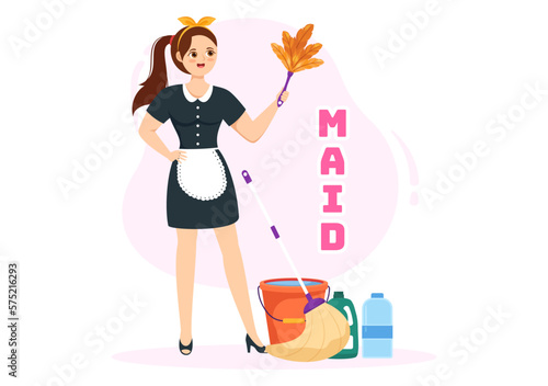 Professional Girl Maid Illustration of Cleaning Service Wearing her Uniform with Apron for Clean a House in Flat Cartoon Hand Drawn Templates