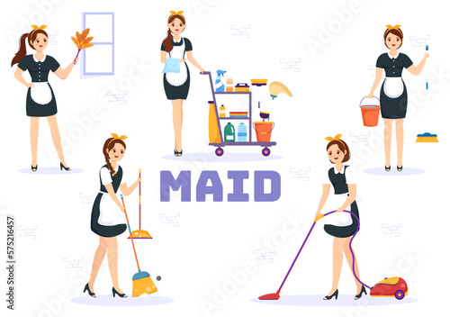 Professional Girl Maid Illustration of Cleaning Service Wearing her Uniform with Apron for Clean a House in Flat Cartoon Hand Drawn Templates