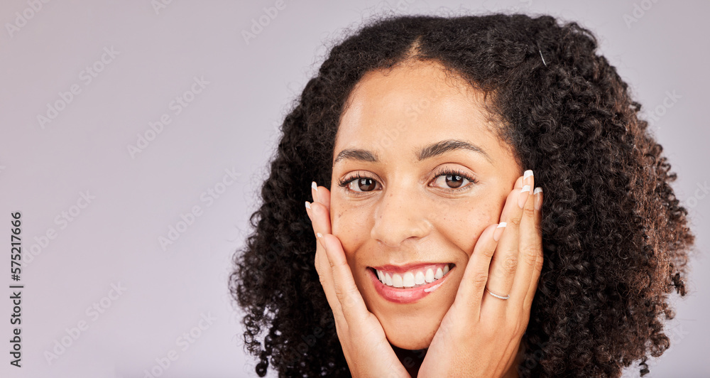 Skincare, portrait and black woman with skin glow from facial and beauty dermatology with mockup. Spa, self care and model face treatment feeling happiness from cosmetics and makeup with mock up Skincare, portrait and black woman with skin glow from facial and beauty dermatology with mockup. Spa, self care and model face treatment feeling happiness from cosmetics and makeup with mock up