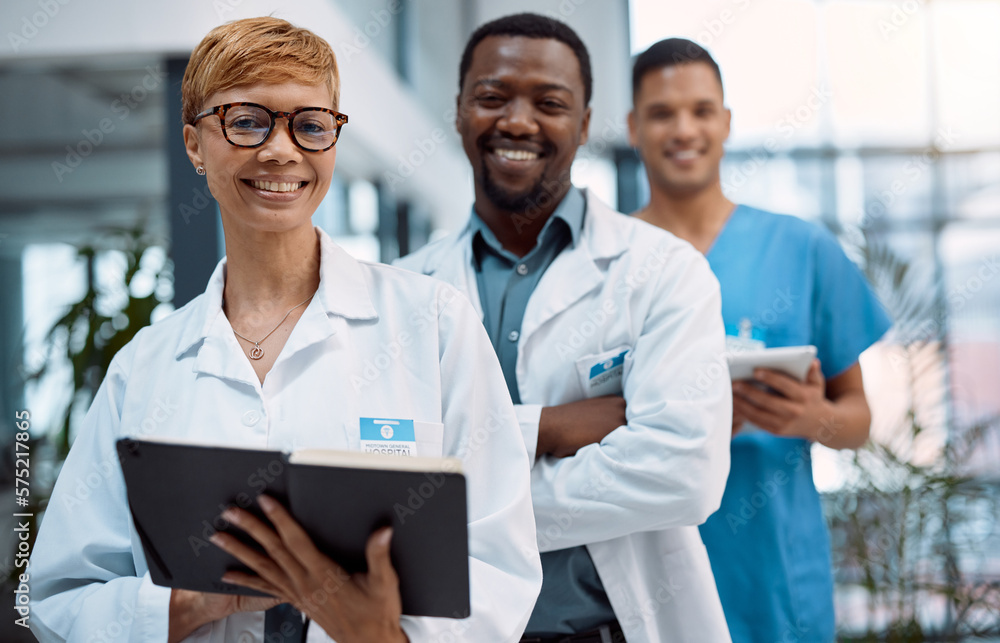 Portrait team of doctors working in hospital research, planning and management for healthcare service. Leadership, mindset and manager or medical professional with black people staff in clinic career Portrait team of doctors working in hospital research, planning and management for healthcare service. Leadership, mindset and manager or medical professional with black people staff in clinic career