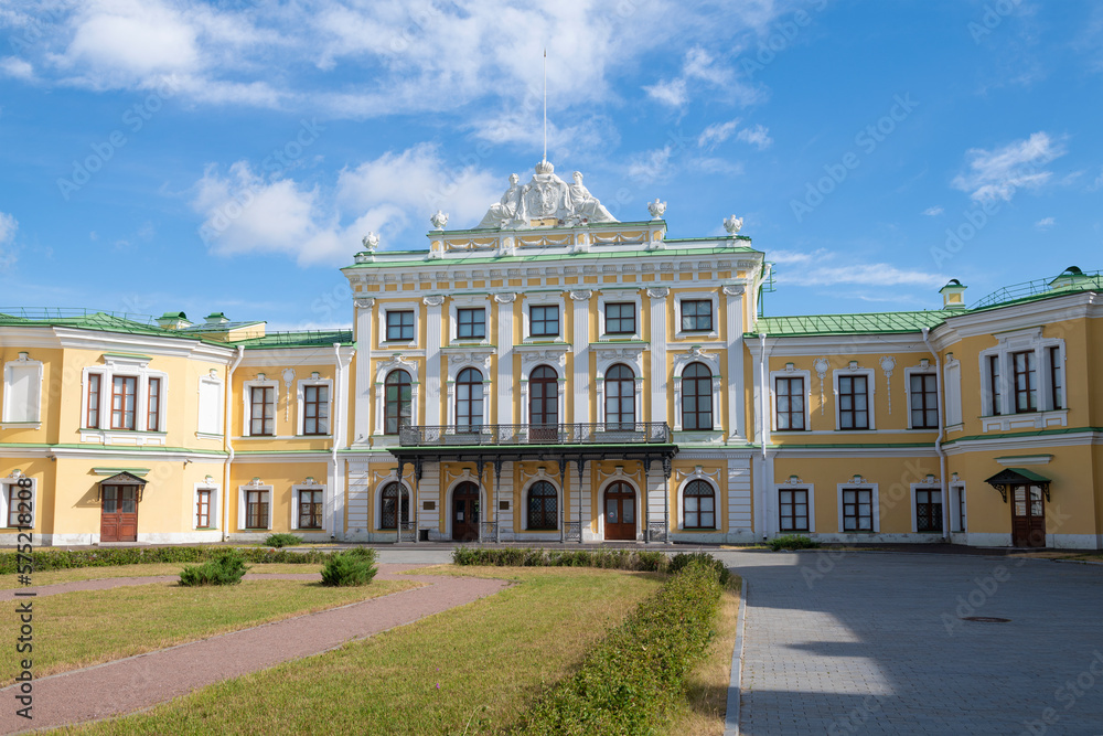 Central part of the facade of the ancient Imperial Travel Palace on a sunny July day. Tver, Russia