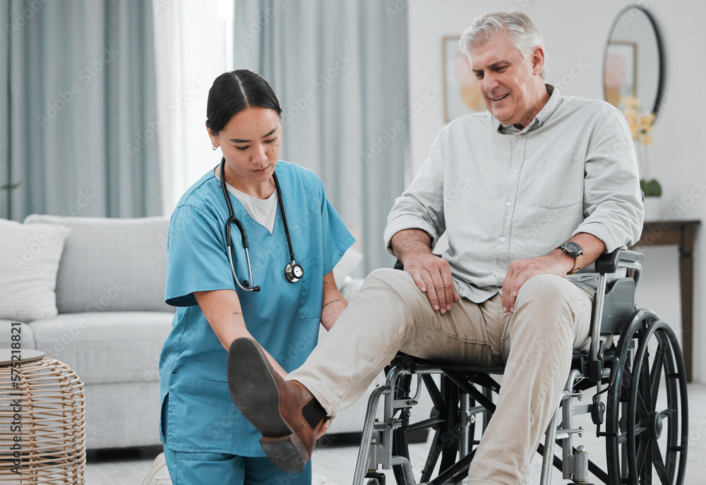 Wheelchair help, nursing home and man with injury or disability with nurse support. Wellness, healthcare and retirement of a elderly person with foot pain from a medical problem with caregiver
