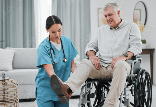 Wheelchair help, nursing home and man with injury or disability with nurse support. Wellness, healthcare and retirement of a elderly person with foot pain from a medical problem with caregiver