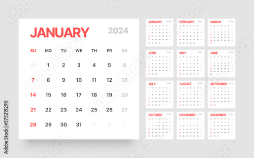 Classic monthly calendar for 2024. Calendar in the style of minimalist square shape. The week starts on Sunday.