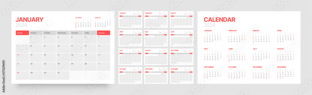 Monthly calendar template for 2024 year. Wall calendar in a minimalist style. Week Starts on Sunday. Planner for 2024 year. Monthly calendar template for 2024 year. Wall calendar in a minimalist style. Week Starts on Sunday. Planner for 2024 year.