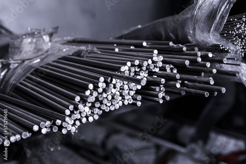 Fotografie Round metal billet, warehouse of metal billets in production