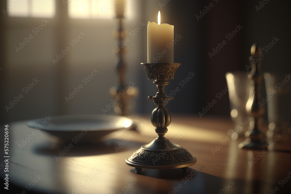 Candle with Candle Stand on Wooden Table for Ambiance, Relaxation, Warmth