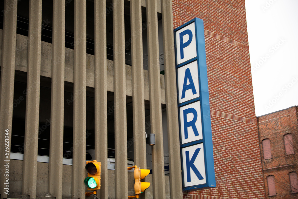 Sign Parking garage road sign in public blue urban city 