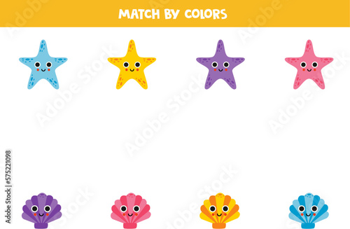 Color matching game for preschool kids. Match seashells and starfish by colors.
