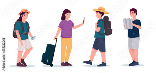 set of characters tourists traveling people vector illustration