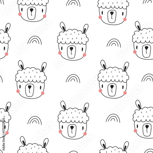 Seamless pattern with cute lama in doodle style. Vector illustration for nursery and textile decoration