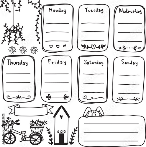 Hand drawn memo paper sheets, to do list schedule template, sticky note, reminder, to do list, sticky tape and pins. Bullet journal elements in doodle style. Vector illustration in white background.