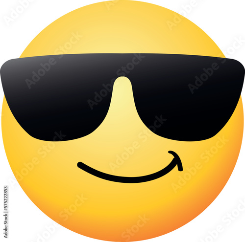 High quality emoticon with sunglasses. Emoji vector.
Cool smiling Face with Sunglasses vector illustration. Yellow face with broad smile wearing black sunglasses. Sunglasses emoji.