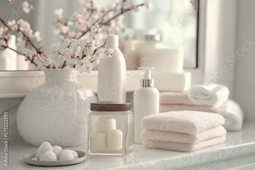 Cosmetic products for body care are displayed beautifully in elegant soft light in a white bathroom interior with a modern style. selective focus. Generative AI