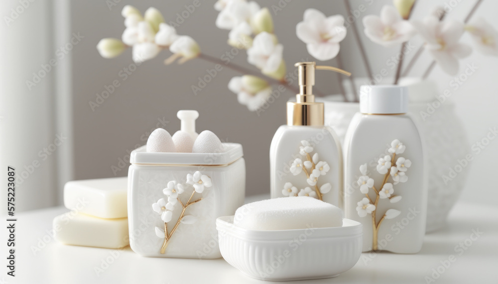 Cosmetic products for body care are displayed beautifully in elegant soft light in a white bathroom interior with a modern style. selective focus. Generative AI