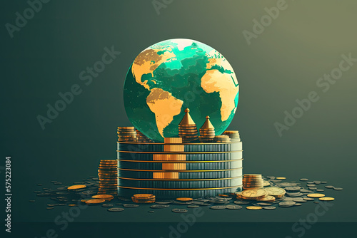 Global economy, denoted by a globe with money and line charts.  Concepts world trade, import, export, investment, inflation, supply chain, growth, currency exchange rate, tariffs, financial markets