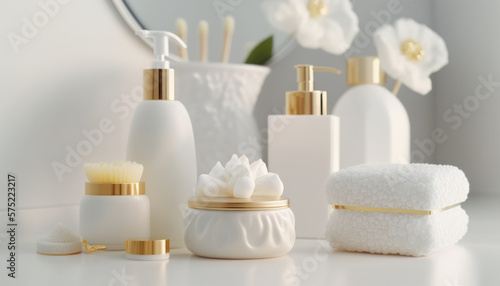 Cosmetic products for body care are displayed beautifully in elegant soft light in a white bathroom interior with a modern style. selective focus. Generative AI