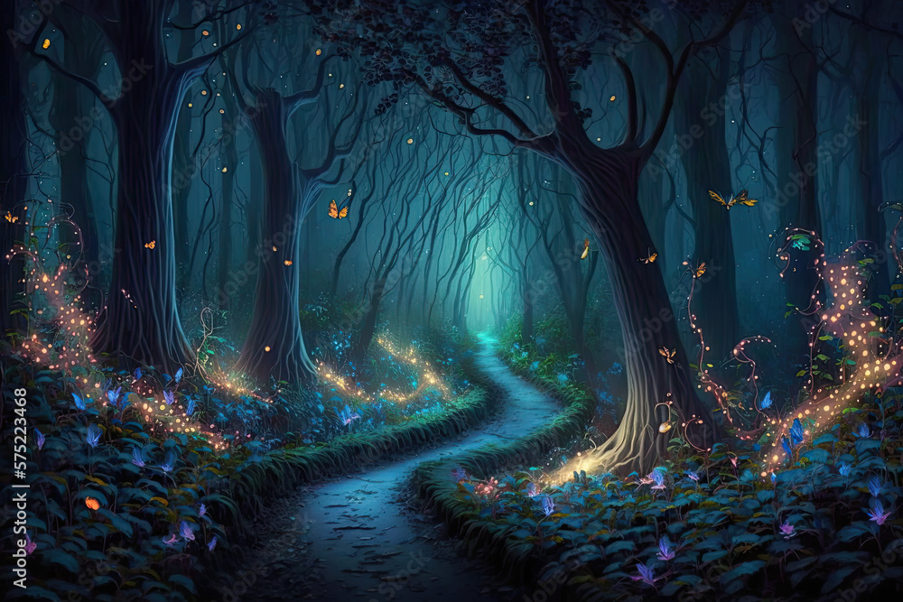Fantasy forest at night, magic glowing path and lights in fairytale wood, generative AI - obrazy, fototapety, plakaty 