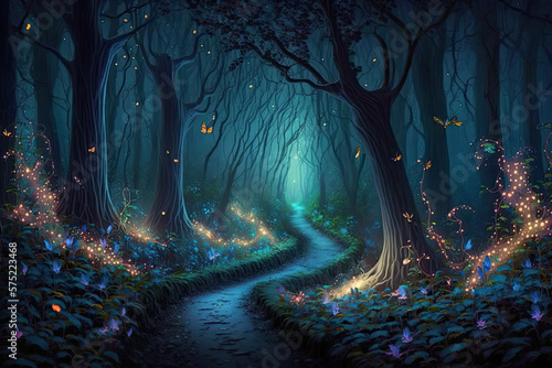 Fantasy forest at night, magic glowing path and lights in fairytale wood, generative AI photo
