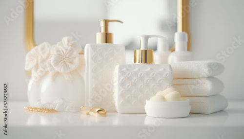 Cosmetic products for body care are displayed beautifully in elegant soft light in a white bathroom interior with a modern style. selective focus. Generative AI