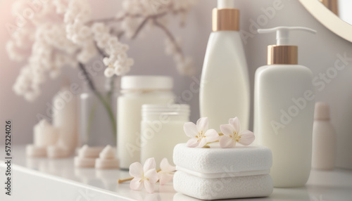 Cosmetic products for body care are displayed beautifully in elegant soft light in a white bathroom interior with a modern style. selective focus. Generative AI