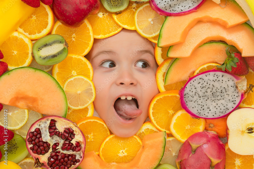 Healthy vitamins fruits. Kids face with mix of fresh frutis. Healthy
