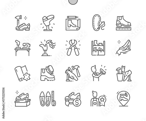 Shoemaker. Shoe repair. Footwear, sewing machine and hammer. New shoes. Pixel Perfect Vector Thin Line Icons. Simple Minimal Pictogram