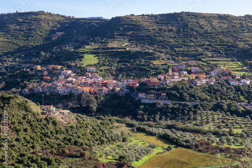Farms and Small Town in Mountains. Modolo, Sardinia, Italy. Sunny Day.