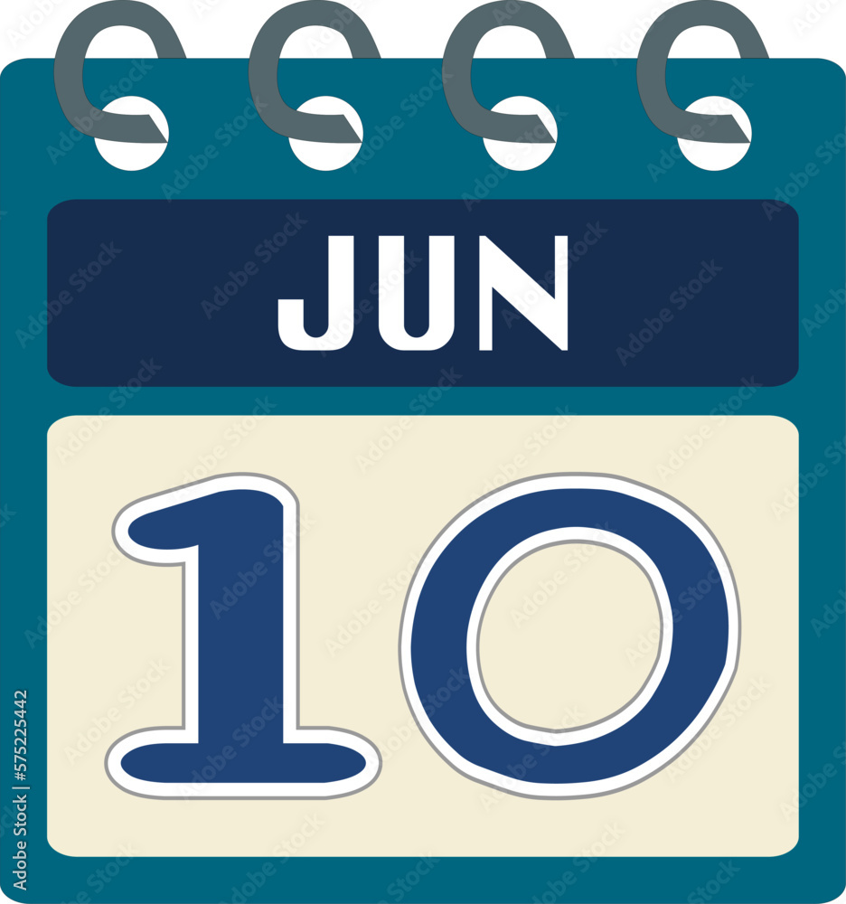 Flat icon calendar 10 of June. Date, day and month. Vector illustration . Blue teal green color banner. 10 Jun. 10th of Jun. Flat icon calendar 10 of June. Date, day and month. Vector illustration . Blue teal green color banner. 10 Jun. 10th of Jun.