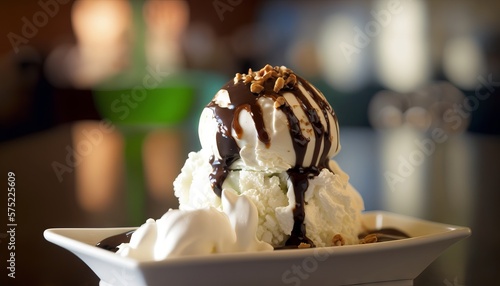 Hot Fudge Sundae: Vanilla ice cream with hot fudge sauce, whipped cream, and nuts.