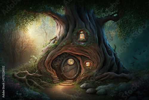 Fantasy house in magic forest  fairytale habitation in tree trunk. Generative AI.