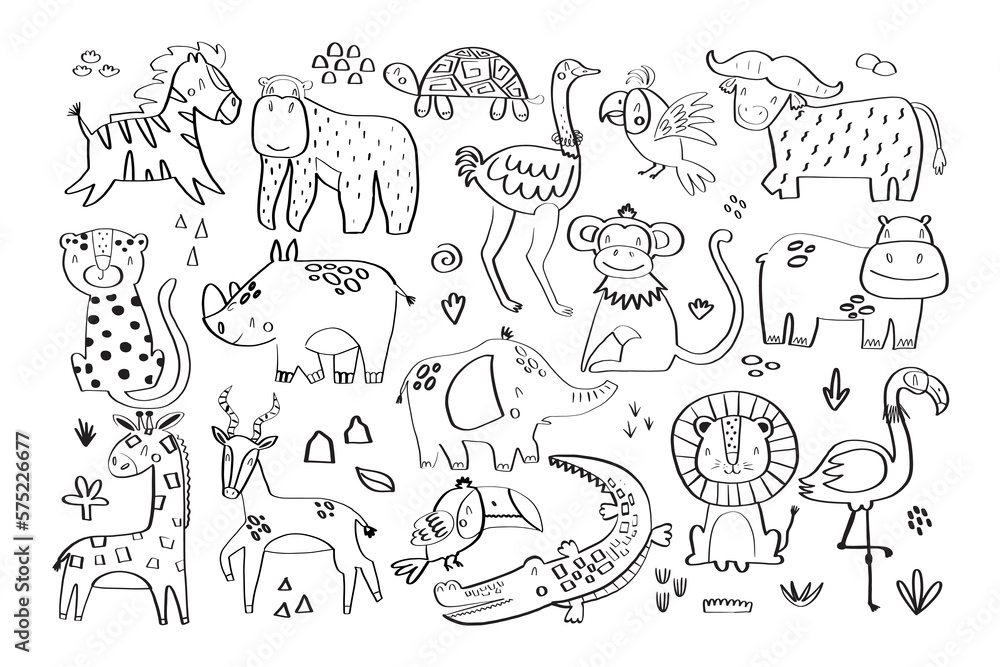 Set of cute africa animals in doodle style. Vector illustration isolated on white background for your design Set of cute africa animals in doodle style. Vector illustration isolated on white background for your design