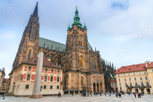 The historic St. Vitus Cathedral in Prague, located within the walls of Prague Castle, Czech Rebublic.