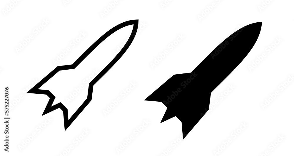 Rocket icon. Symbol of speed, flight or start. Attribute of space or force. Rocket icon. Symbol of speed, flight or start. Attribute of space or force.