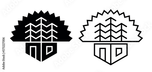 Icon house in the forest. Illustration of a house in nature. Symbol of rest or relaxation, ready-made logo.