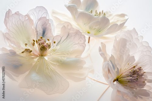 Flower bouquet qith soft colors and translucid petals macro on white background, generative ai illustration