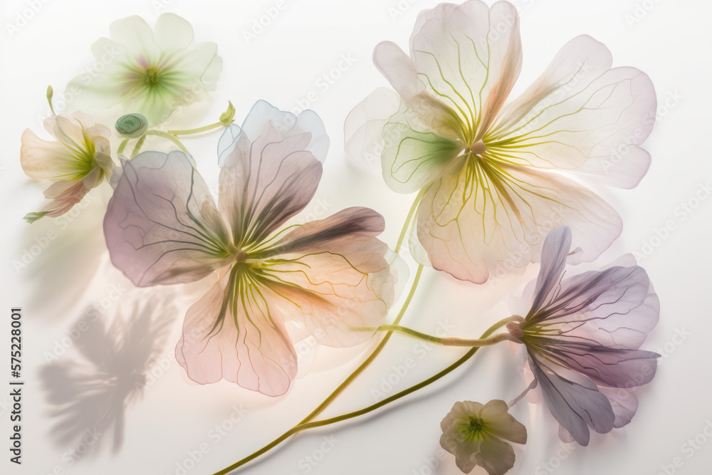 Obraz premium Flower bouquet qith soft colors and translucid petals macro on white background, generative ai illustration