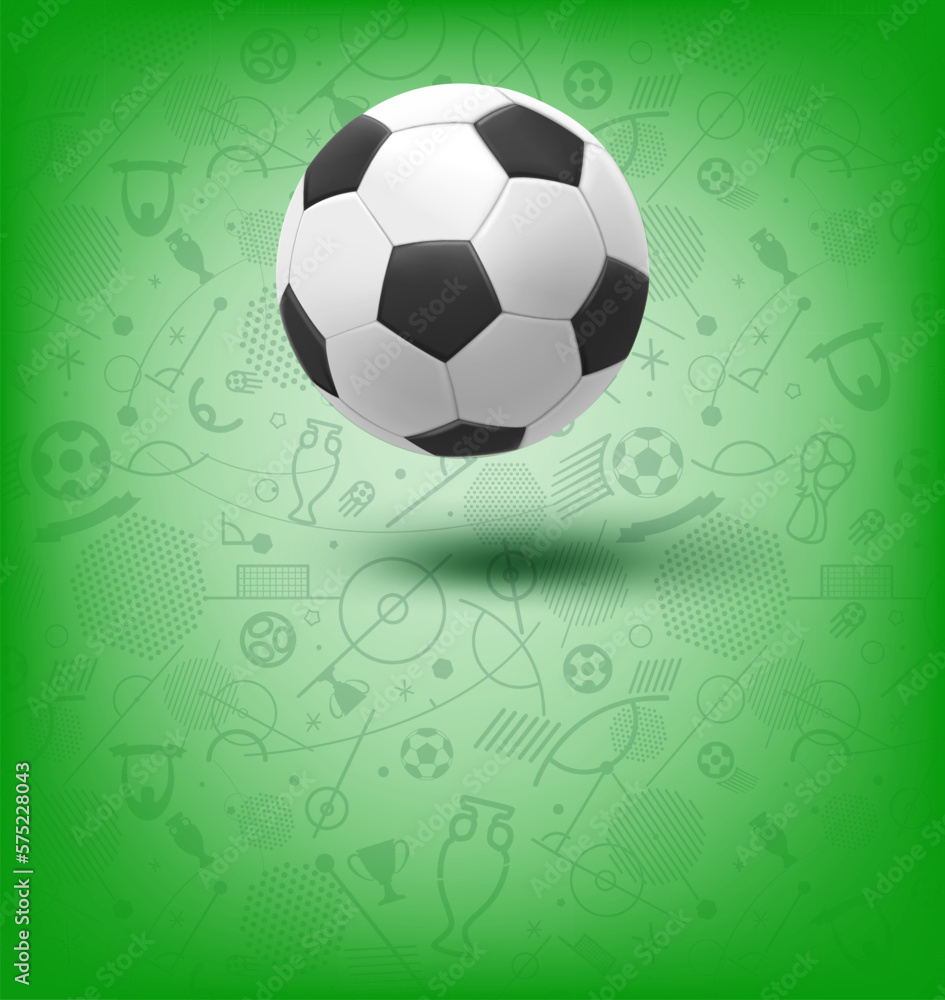 Obraz premium Soccer ball on background with pattern. 3d vector banner with copy space