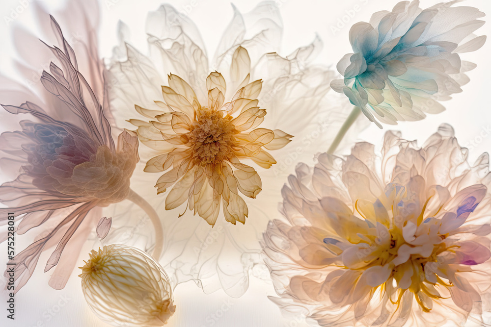 Obraz premium Flowers with translucid petals on white background with soft colors, generative ai illustration