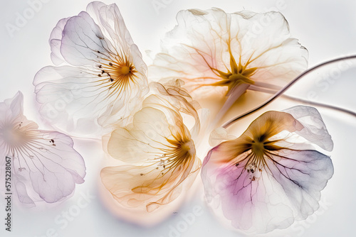 Flowers with translucid petals on white background with soft colors, generative ai illustration © NAITZTOYA