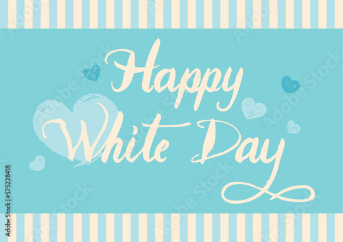 素敵な手書きのカリグラフィー、クリーム色のHappy White Day、上下ストライプ、背景水色